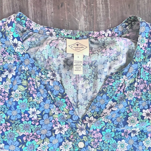 St. John's Bay Blue Flower Mandarin Collar Button Down Blouse - Picture 6 of 7